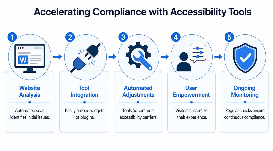 A five-step infographic showing how accessibility tools help small businesses achieve and maintain ADA website compliance.