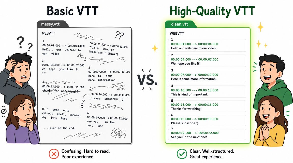 A comparison between messy, unorganized VTT subtitle files and clear, well-structured, professional quality VTT caption files.