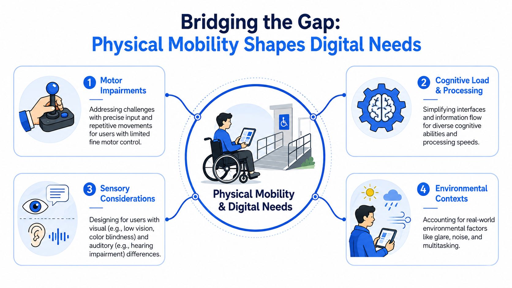 An infographic illustrating four key considerations for digital accessibility relating to physical mobility and user needs.