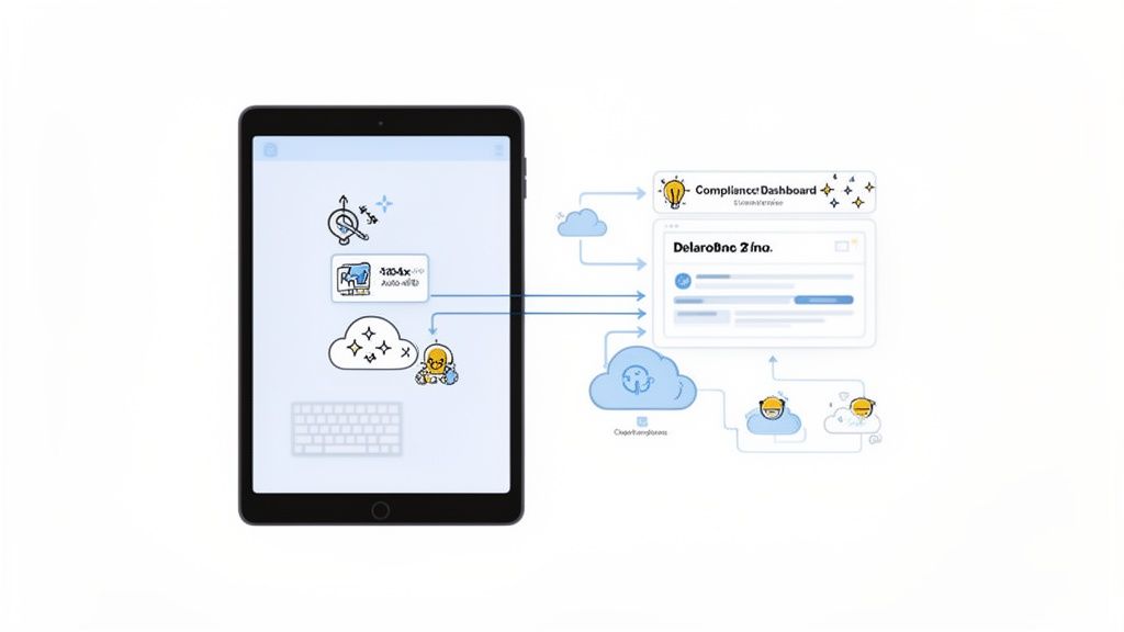 Digital diagram illustrating data flow from a tablet to cloud-based applications and services.