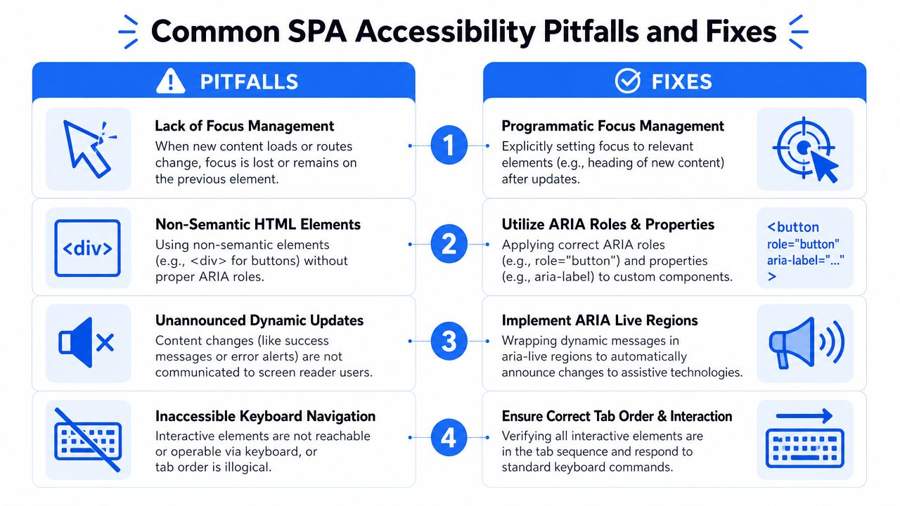 An infographic detailing common accessibility pitfalls in single page applications and their corresponding technical solutions.