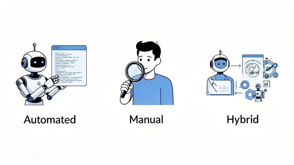 Illustrations depicting three methods: automated robot, manual human inspection, and a hybrid approach.