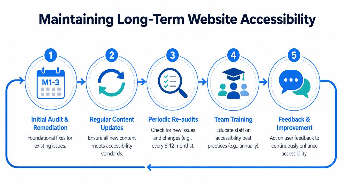 A five-step infographic showing the process for maintaining long-term website accessibility and ADA compliance.