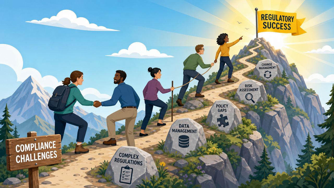A diverse team hiking up a mountain path towards a flag labeled regulatory success representing compliance obstacles.