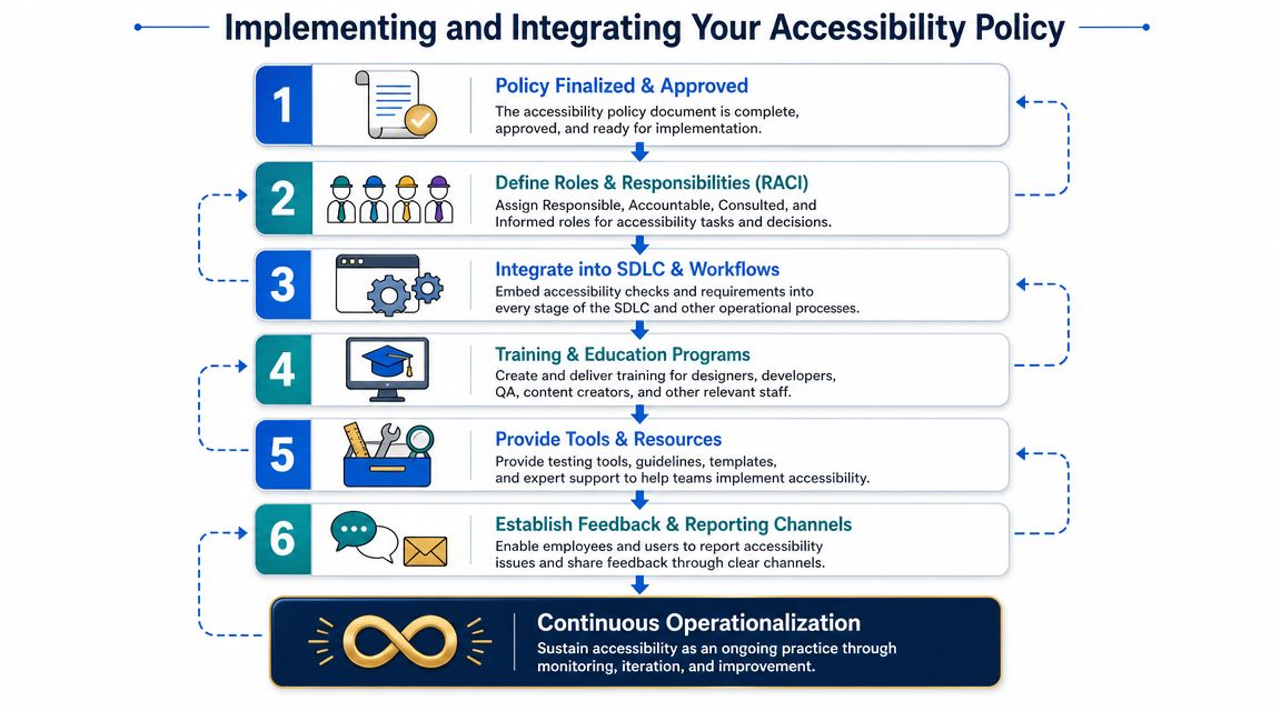 A six-step flowchart illustrating the process of implementing and integrating an organizational accessibility policy.