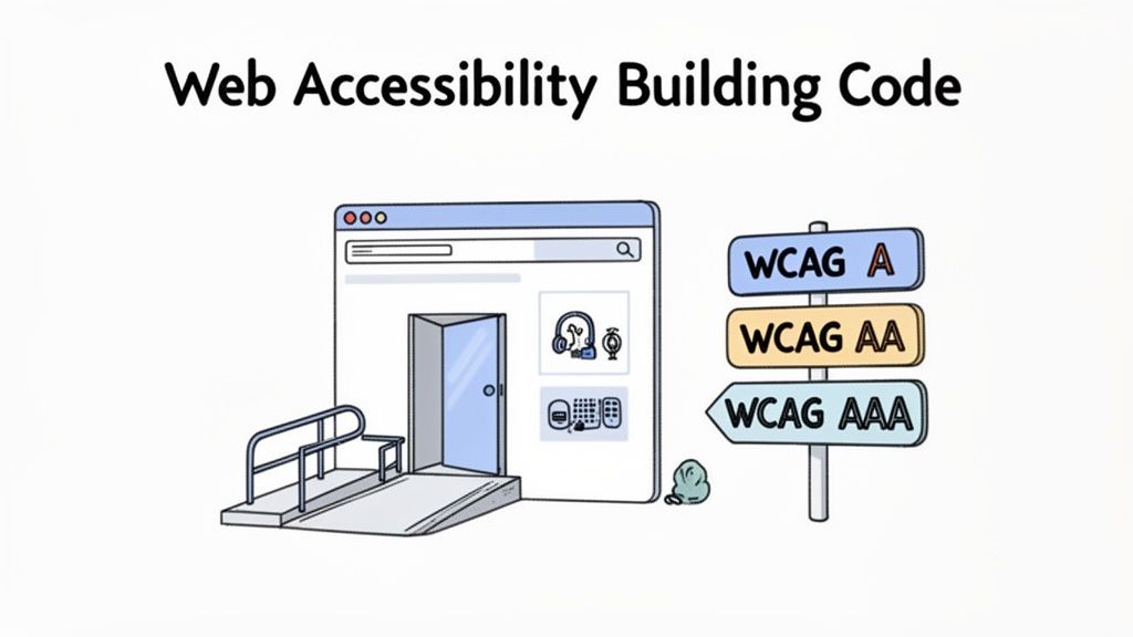 Illustration of web accessibility standards, featuring a browser, physical ramp, assistive tech icons, and WCAG A, AA, AAA signs.