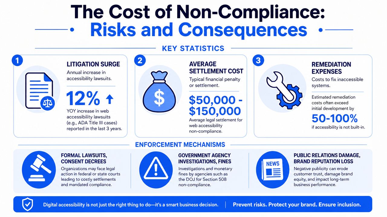 An infographic detailing the financial, legal, and reputational risks associated with non-compliance in digital accessibility standards.