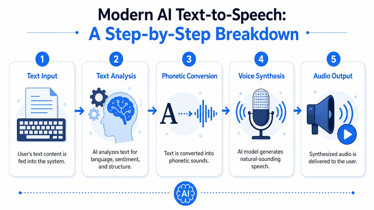 A diagram illustrating the five-step process of modern AI text-to-speech technology, from text input to audio output.