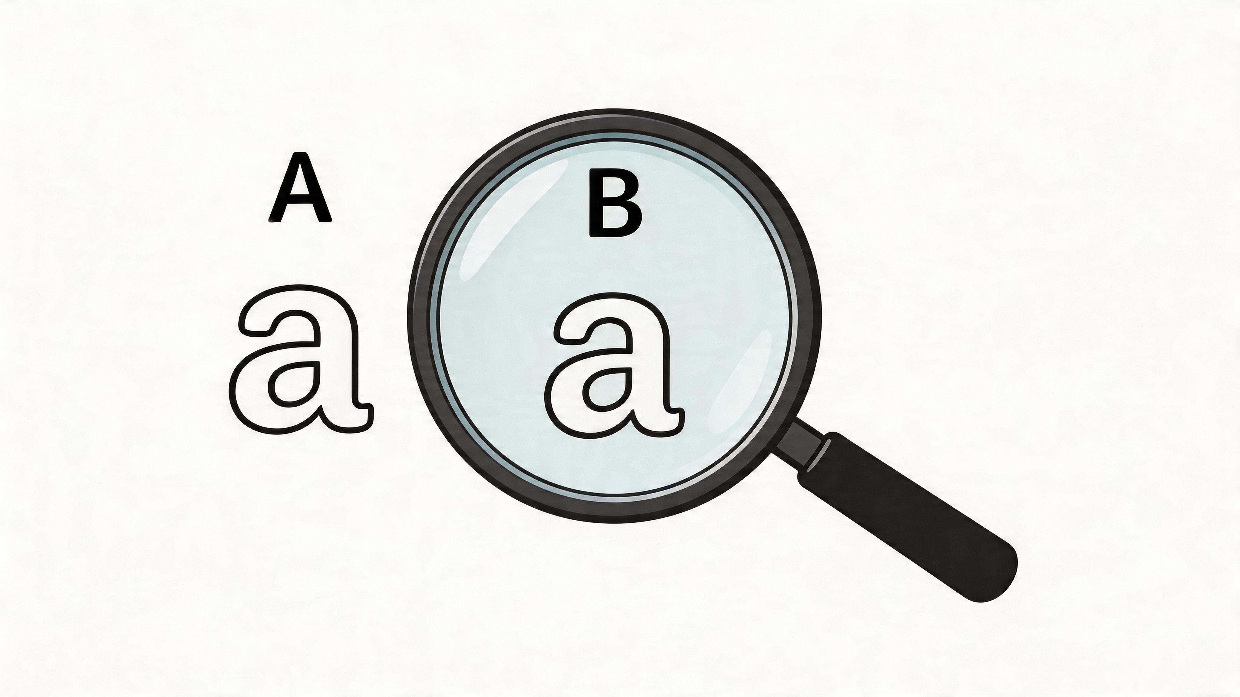 A magnifying glass positioned over a lowercase letter a, comparing font size and style for typography analysis.