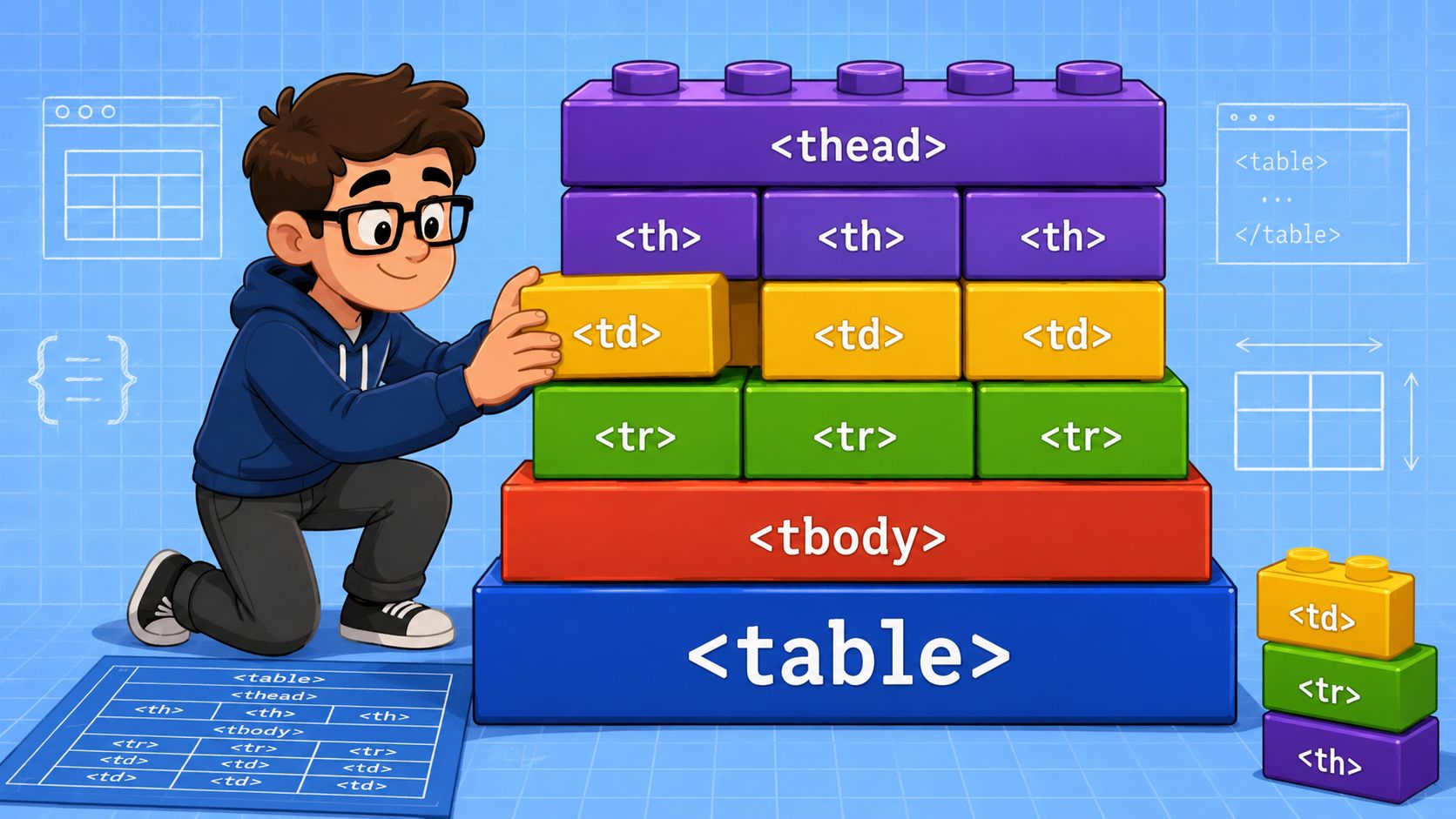A boy building an HTML table structure using colorful toy blocks labeled with various table tags.