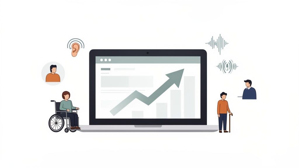Illustration of website accessibility showing a laptop with growth chart, people with disabilities, and accessibility features.