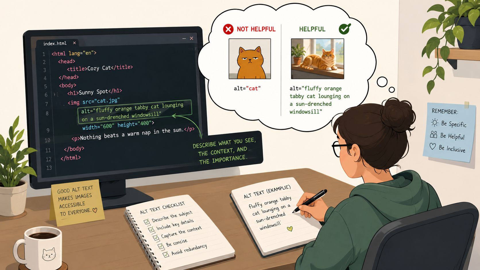 A woman writing in a notebook while looking at a screen showing how to write accessible alt text.