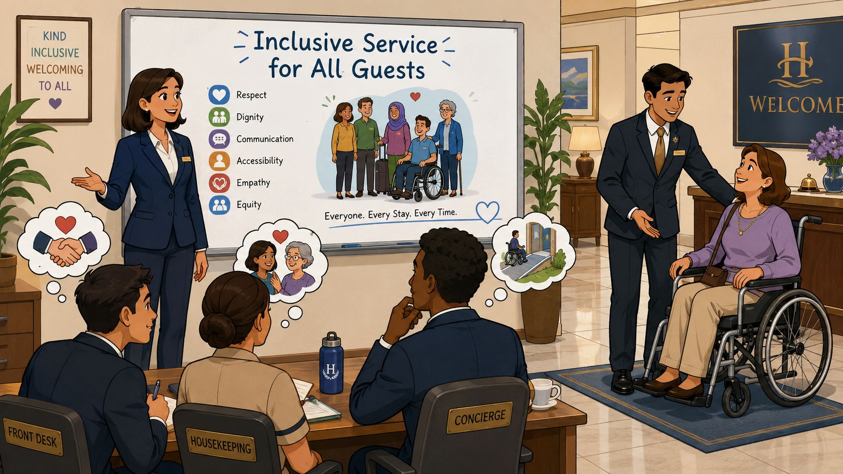 Hotel staff attending a training session about inclusive service and accessibility standards for all guests.