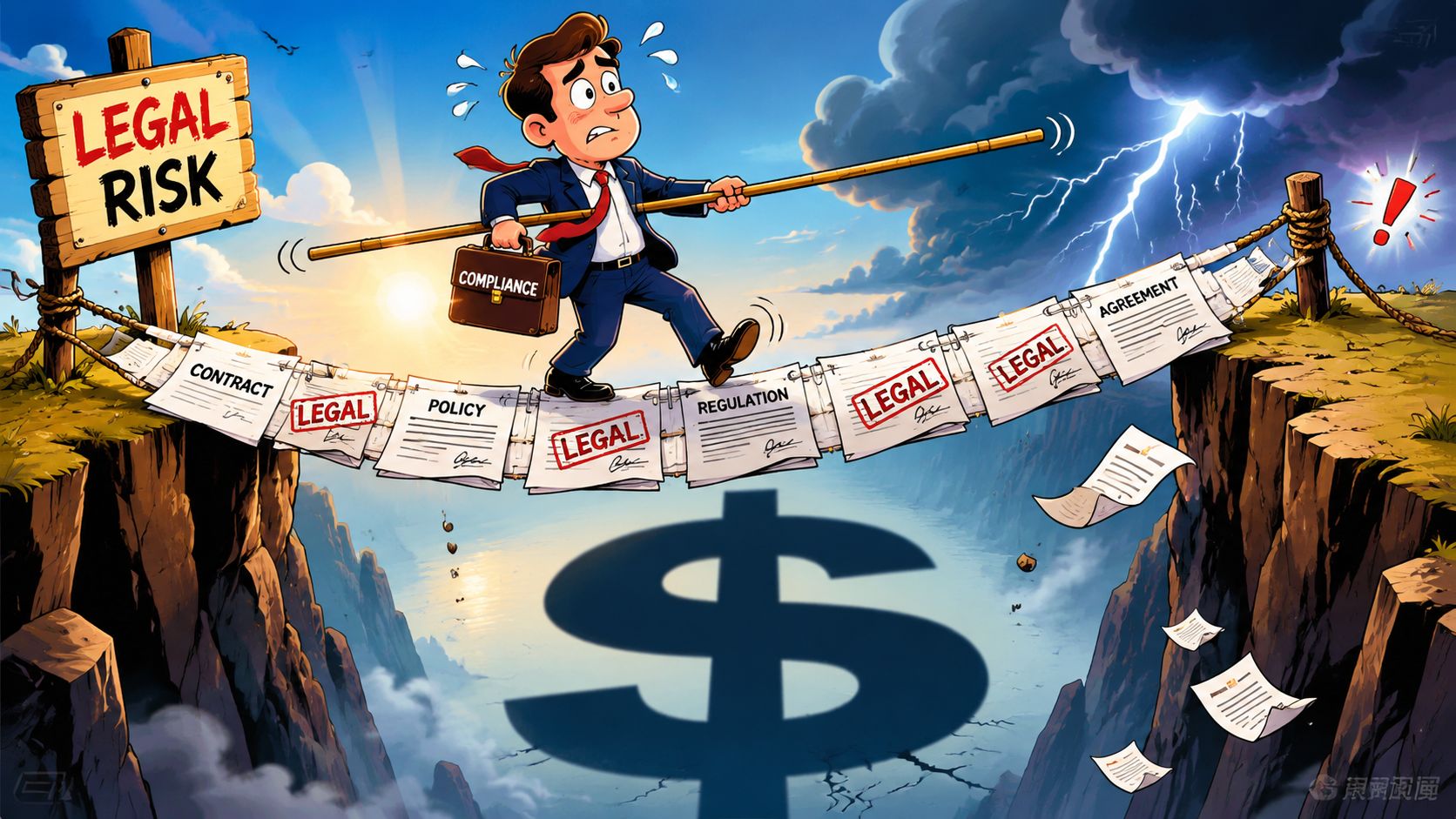 A businessman carefully walks on a tightrope made of legal documents to avoid financial risk.