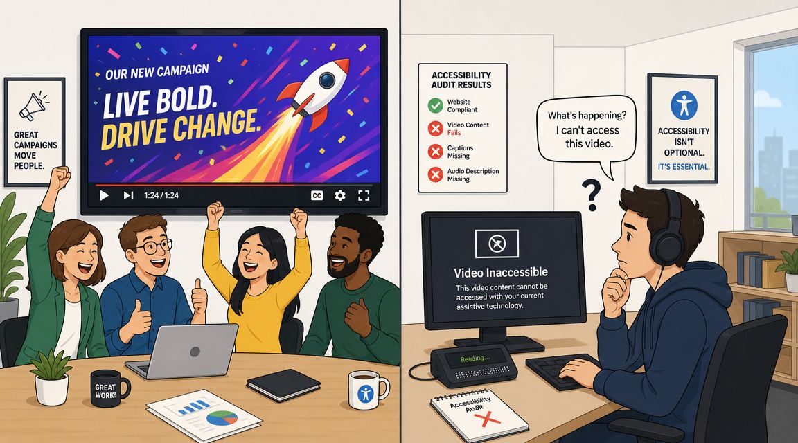 A split illustration comparing a successful team meeting against a user struggling with inaccessible video content.