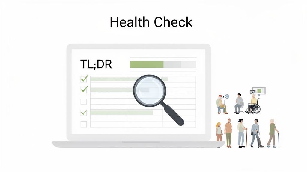 An illustration of a digital health check on a laptop, featuring a checklist and magnifying glass, surrounded by diverse individuals representing accessibility.