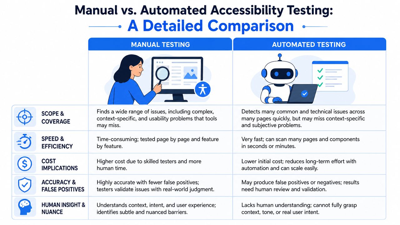 A comparison chart outlining the pros and cons of manual versus automated accessibility testing methods.