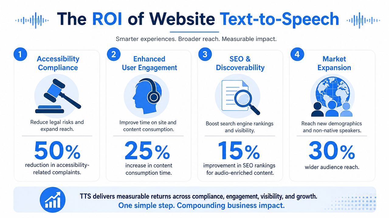 An infographic showing the business benefits and ROI of using text-to-speech technology on websites.