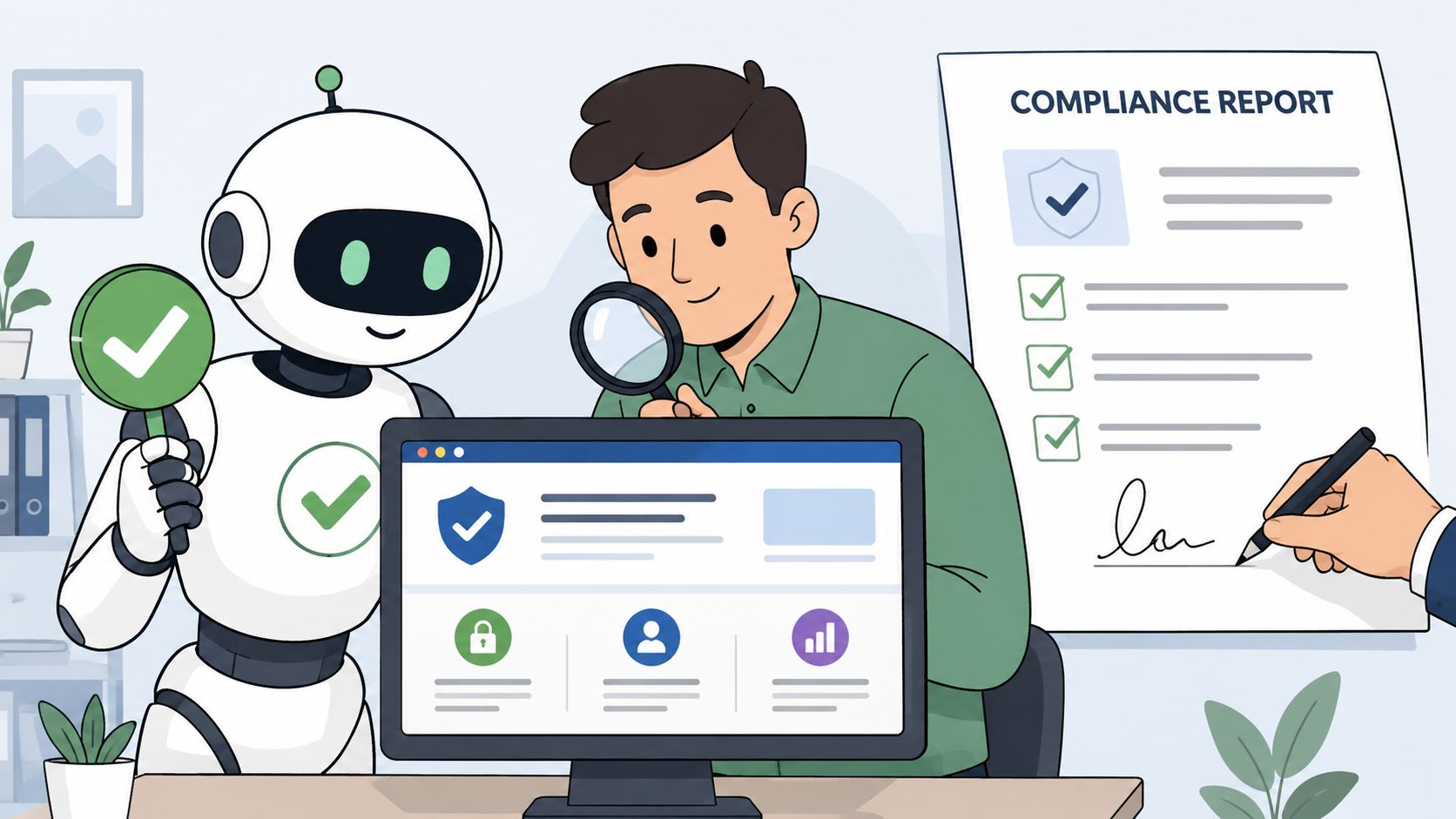 A friendly robot and a person working together to review digital compliance requirements on a computer monitor.