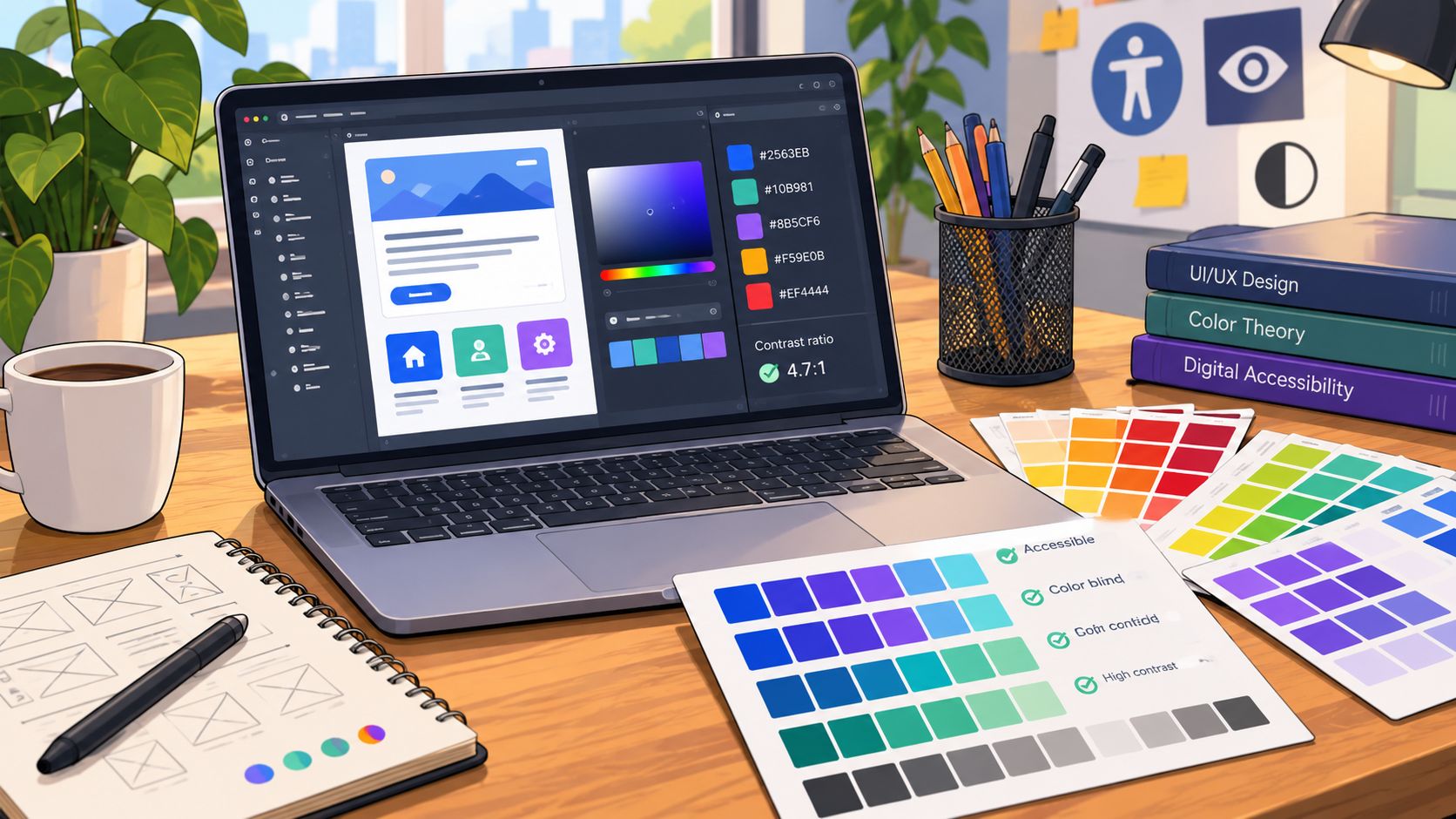 An illustration of a designer's desk with a laptop and color swatches, representing the process of checking color contrast for web accessibility.