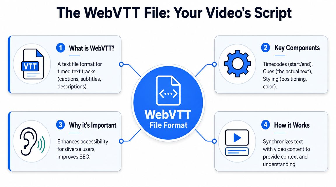 A diagram explaining WebVTT file format with sections for definition, components, importance, and functionality.