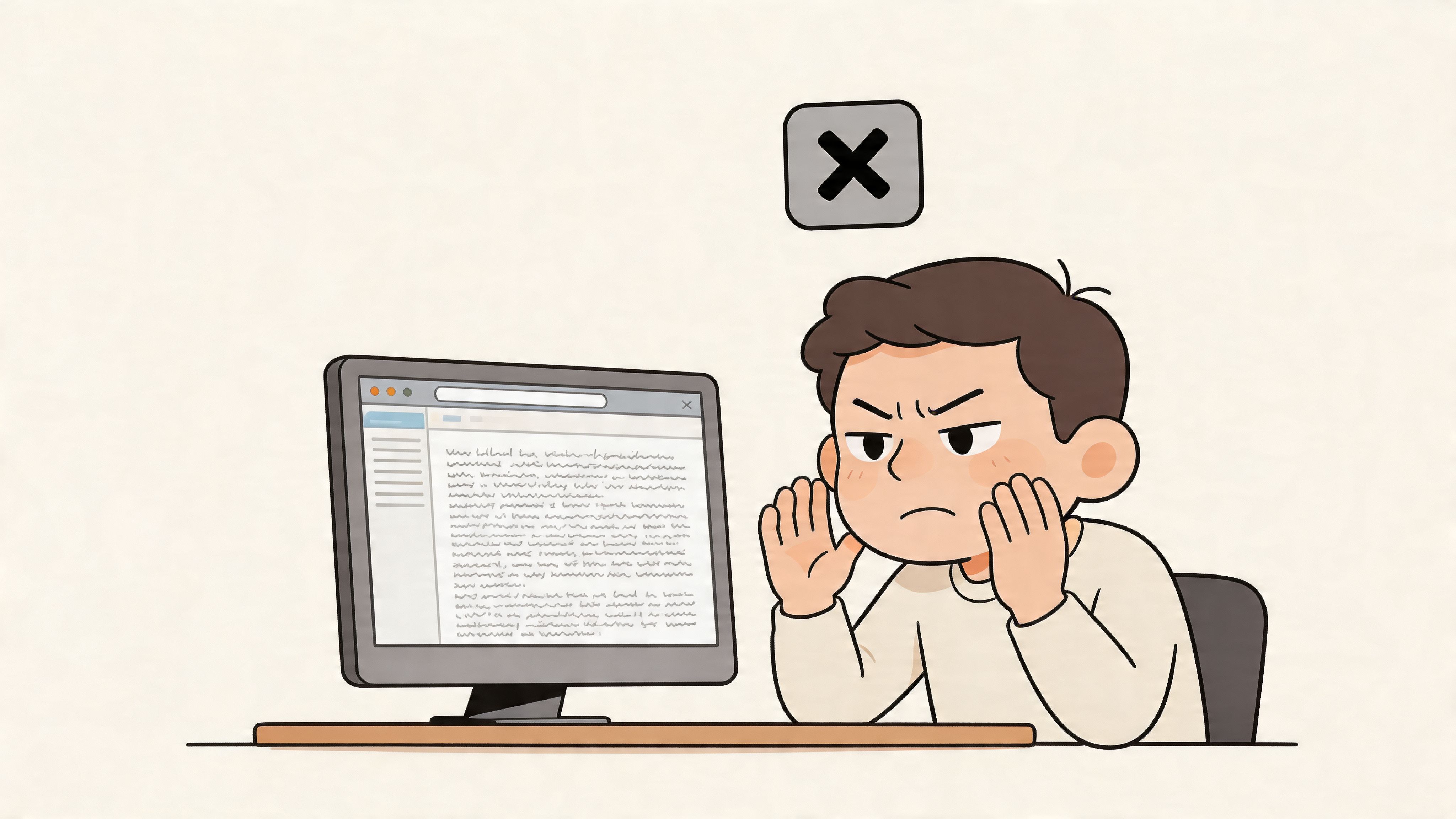 An annoyed boy sitting at a computer looking at small, illegible text on a screen.