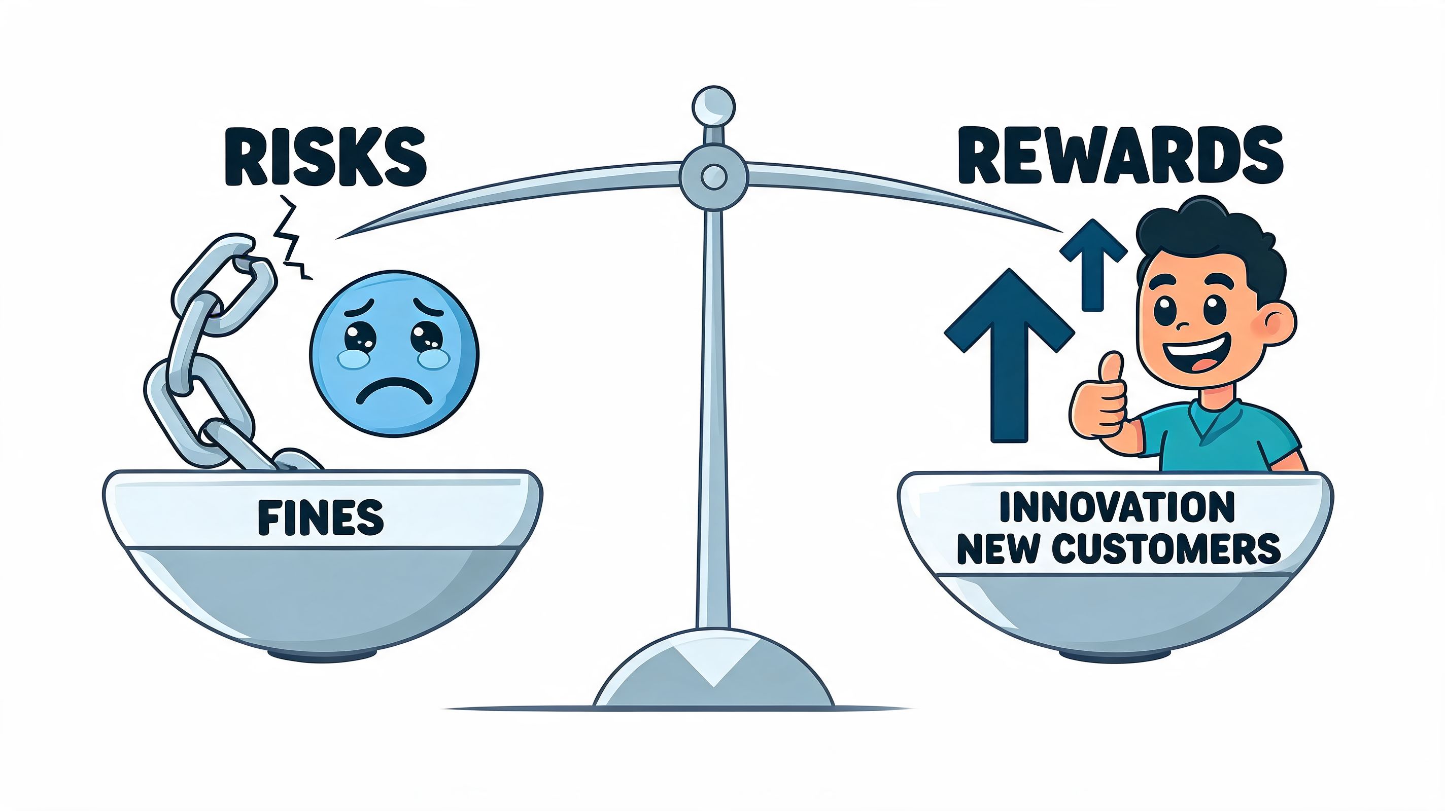 A scale balancing business risks like fines against rewards such as innovation and gaining new customers.