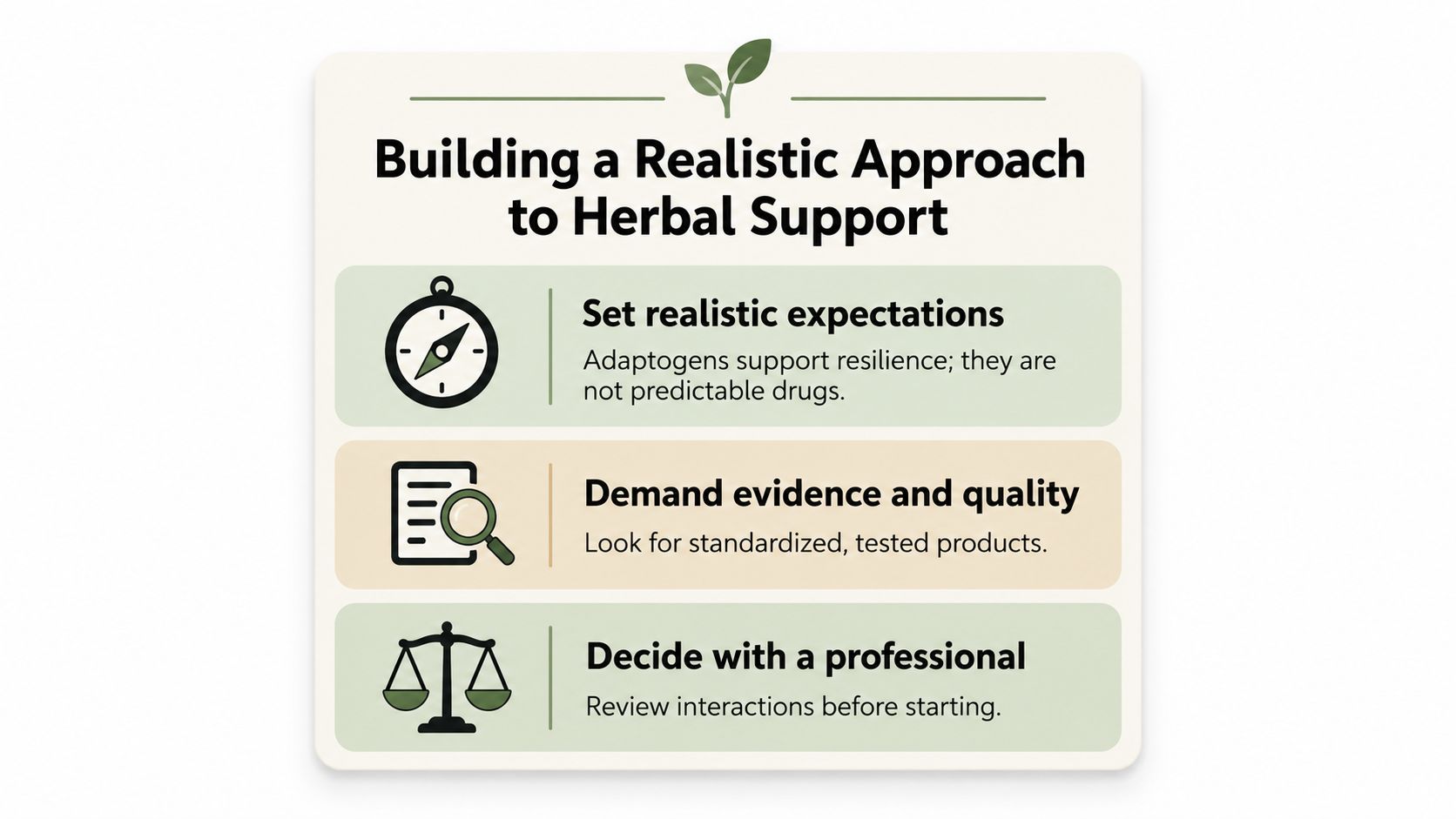 A graphic providing three steps for building a realistic approach to using herbal adaptogen supplements.