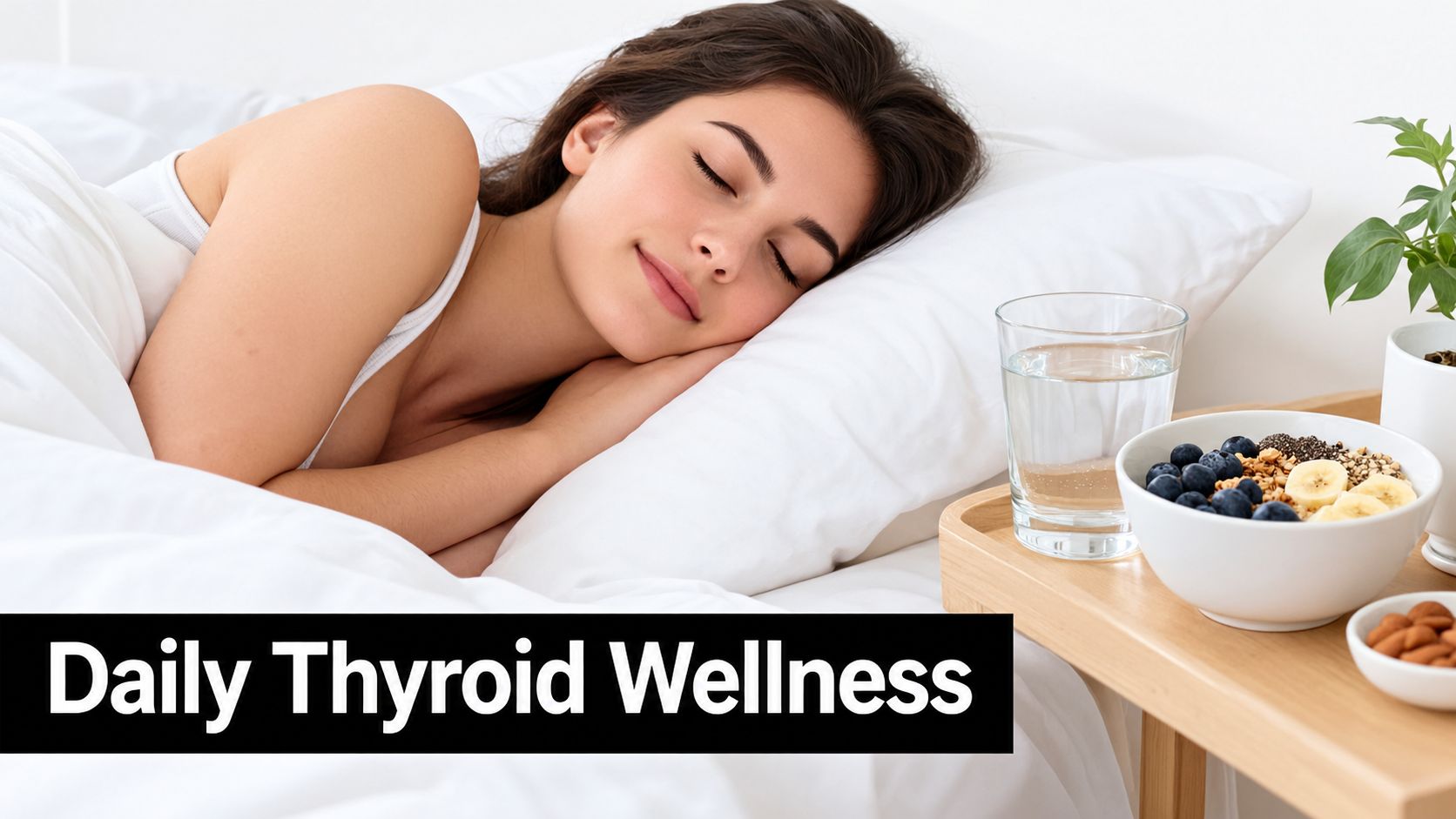 A woman sleeping peacefully in bed with a bowl of nutritious breakfast and water nearby.