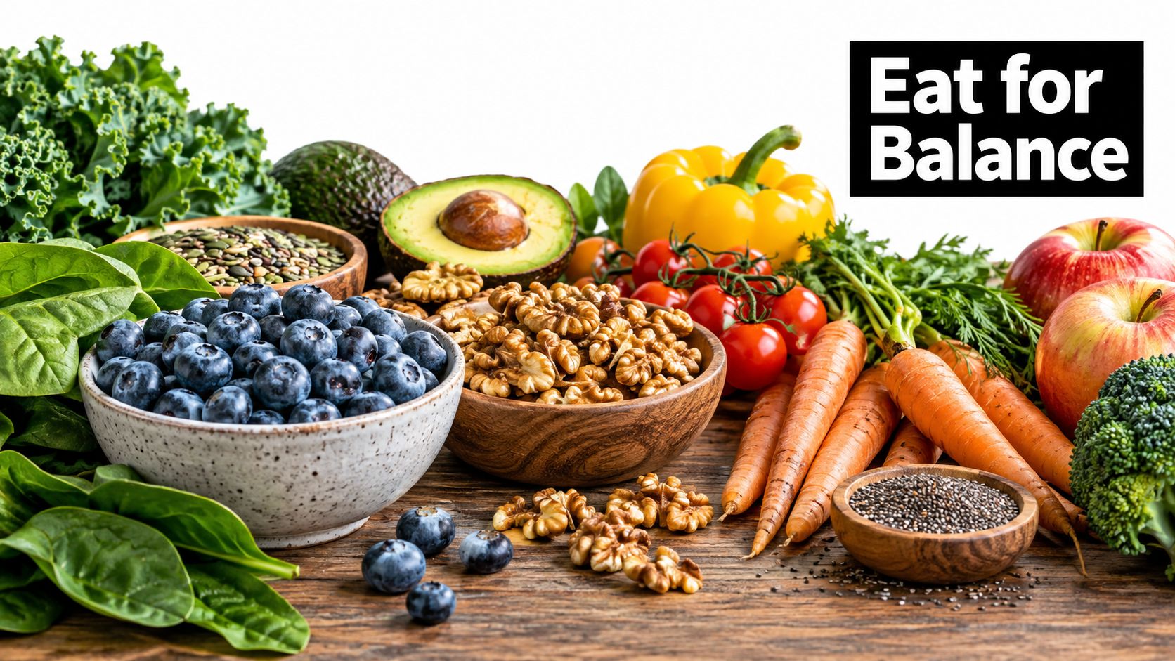 A wooden table filled with healthy food like fresh vegetables, fruits, berries, walnuts, and chia seeds.