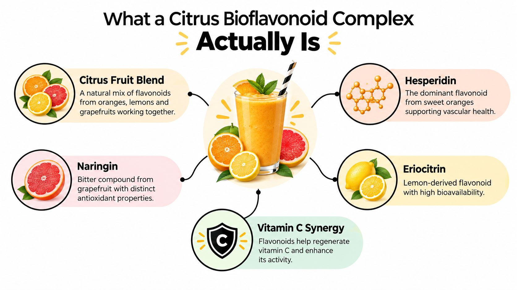An infographic showing the components of a citrus bioflavonoid complex including fruit blend, hesperidin, naringin, eriocitrin, and vitamin C.