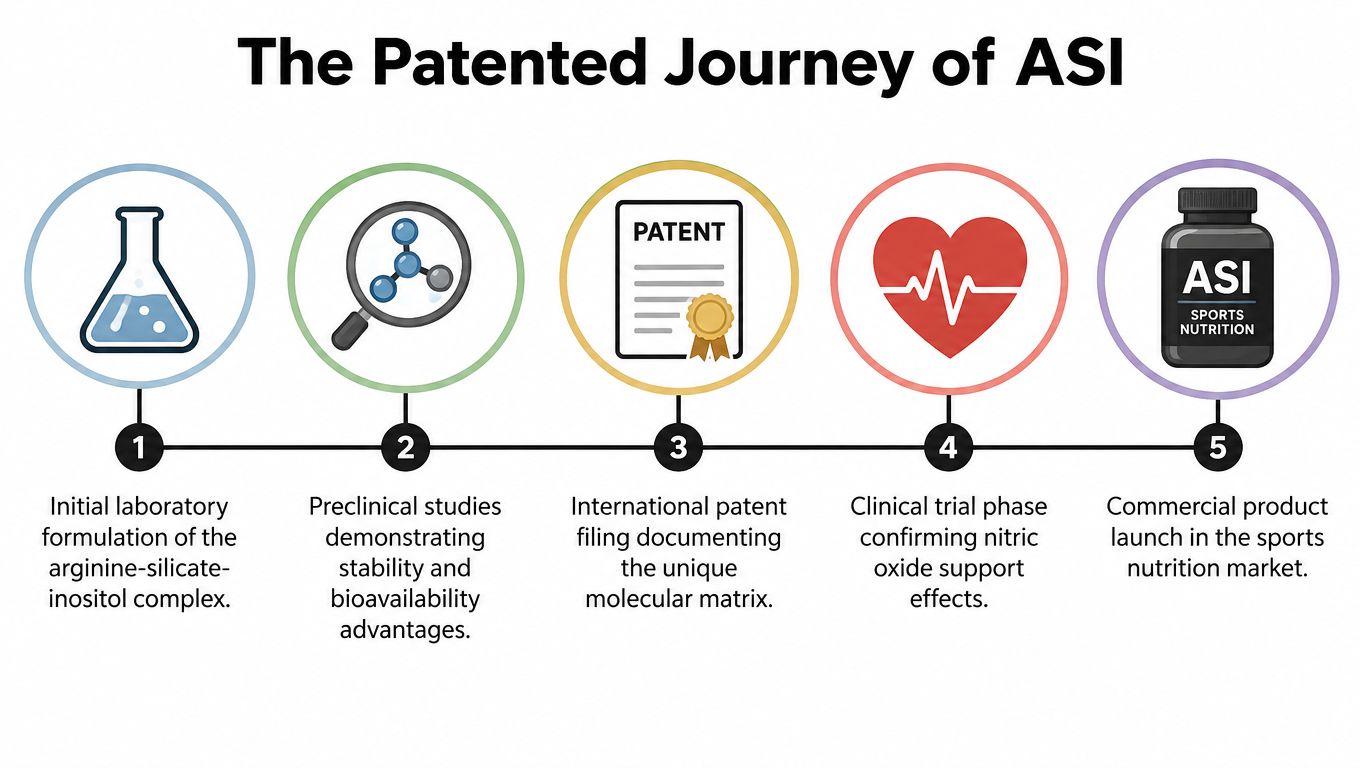 A five-step infographic detailing the research, patenting, and commercial launch process of the ASI sports nutrition supplement.