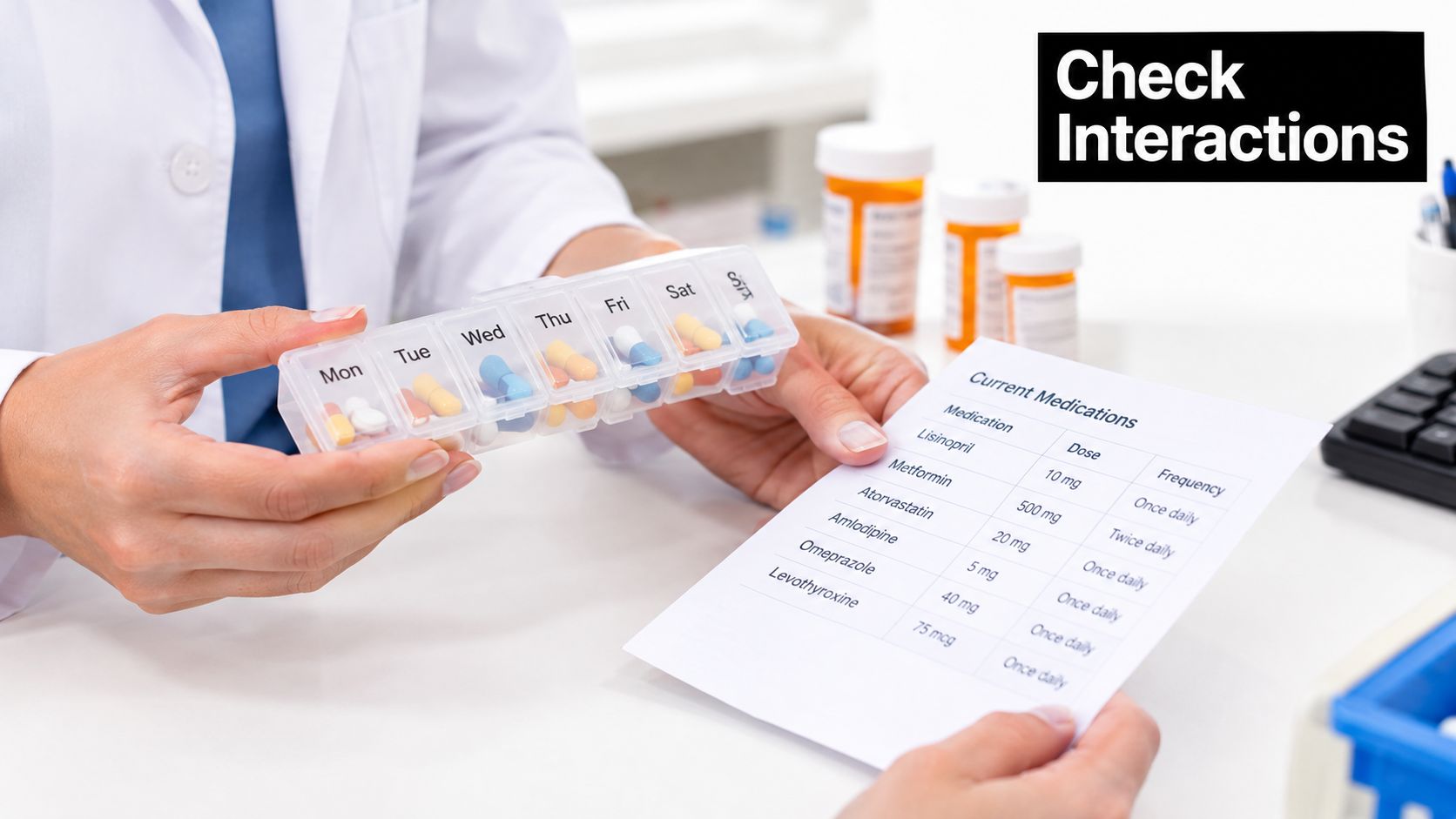 A healthcare professional holding a medication organizer and a list of current prescription drugs.