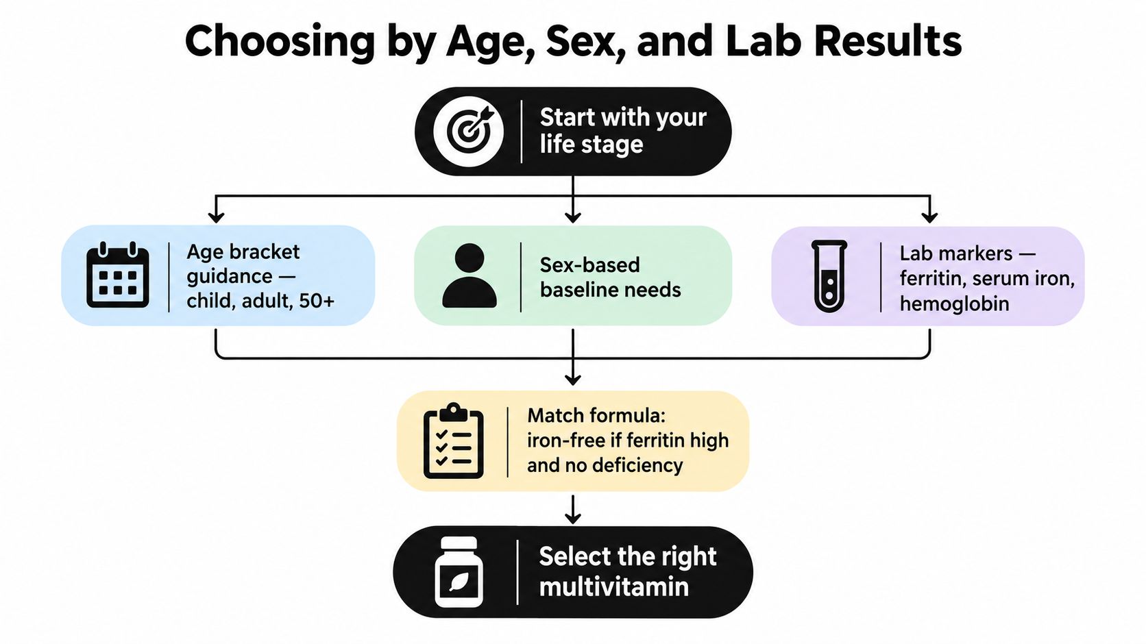 A flow chart illustrating how to choose the right multivitamin based on age, sex, and lab results.