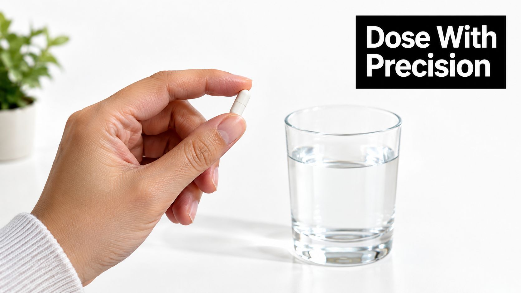 A person holding a white capsule pill next to a glass of water on a table.