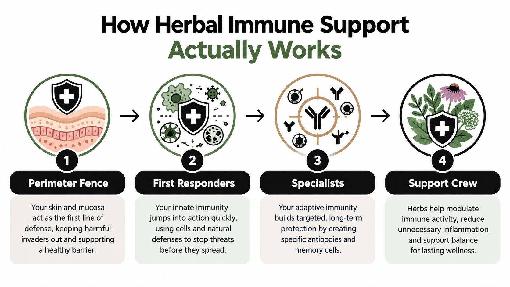 An infographic showing the four stages of herbal immune support involving physical barriers, responders, and specialists.