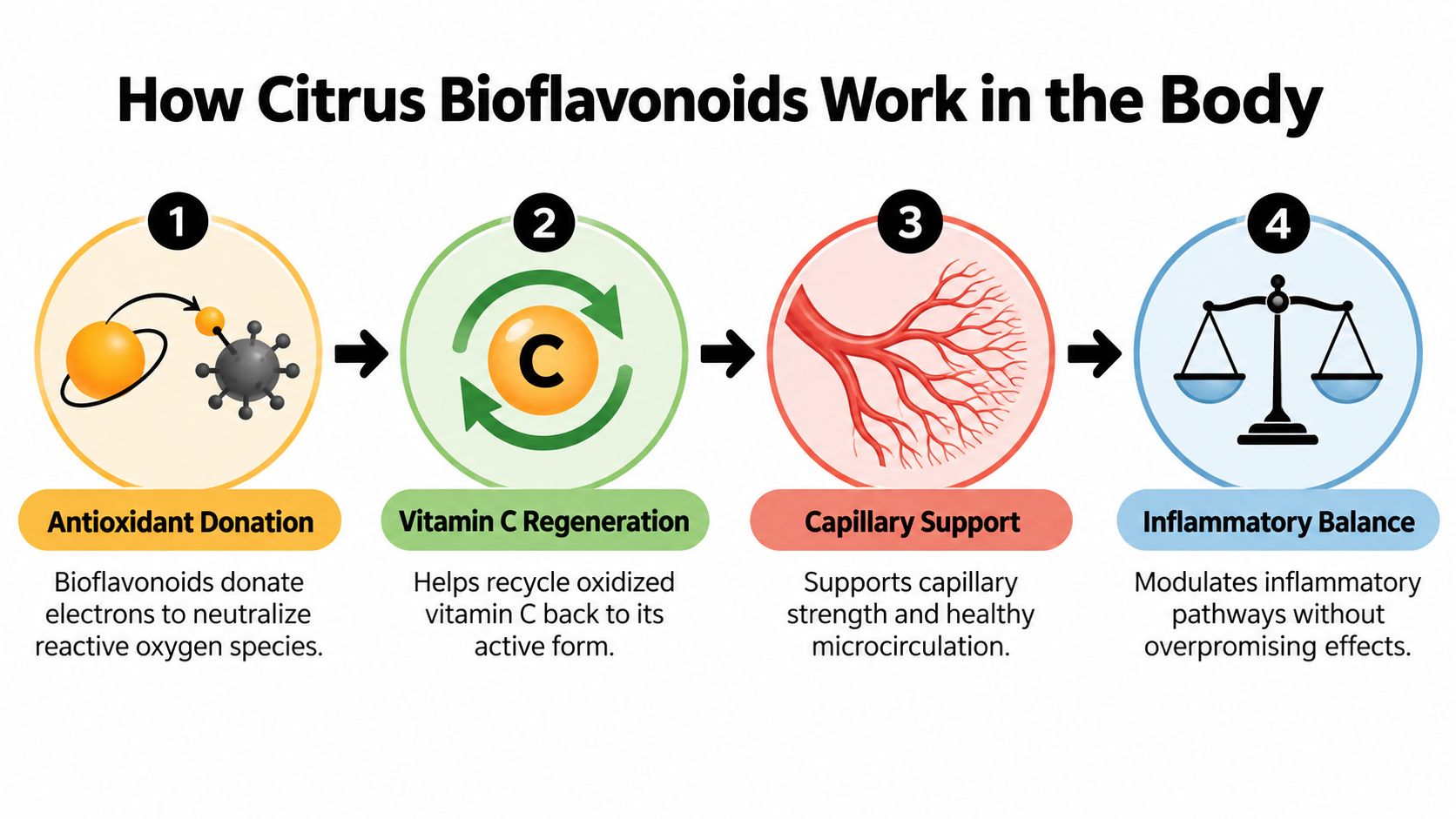 A four-step infographic illustrating how citrus bioflavonoids work in the human body to improve health.
