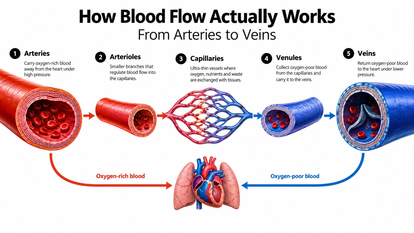 A diagram illustrating blood flow through arteries, arterioles, capillaries, venules, and veins in the human circulatory system.
