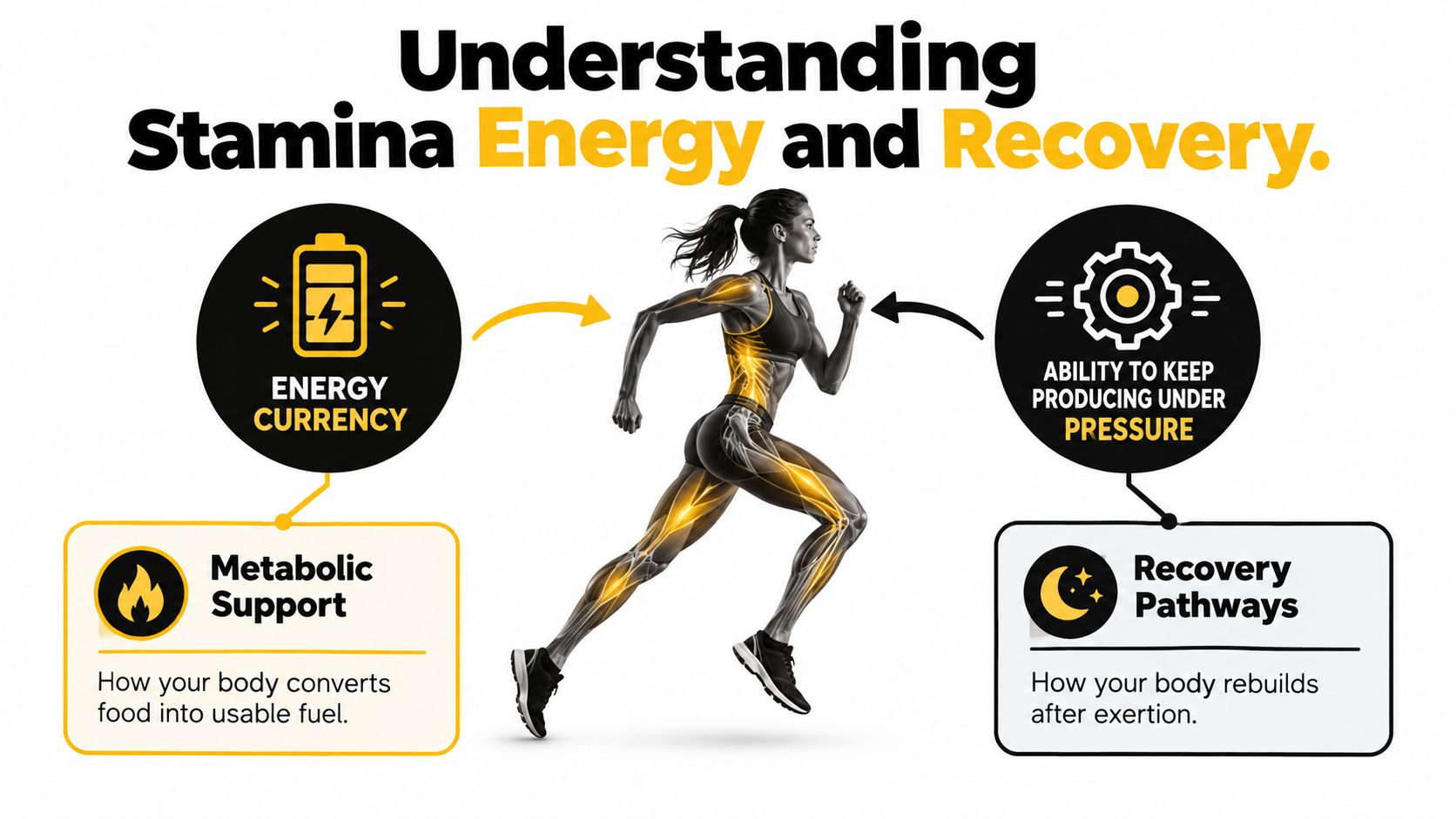 A diagram explaining the body's stamina, energy, and recovery processes with a running person in the center.