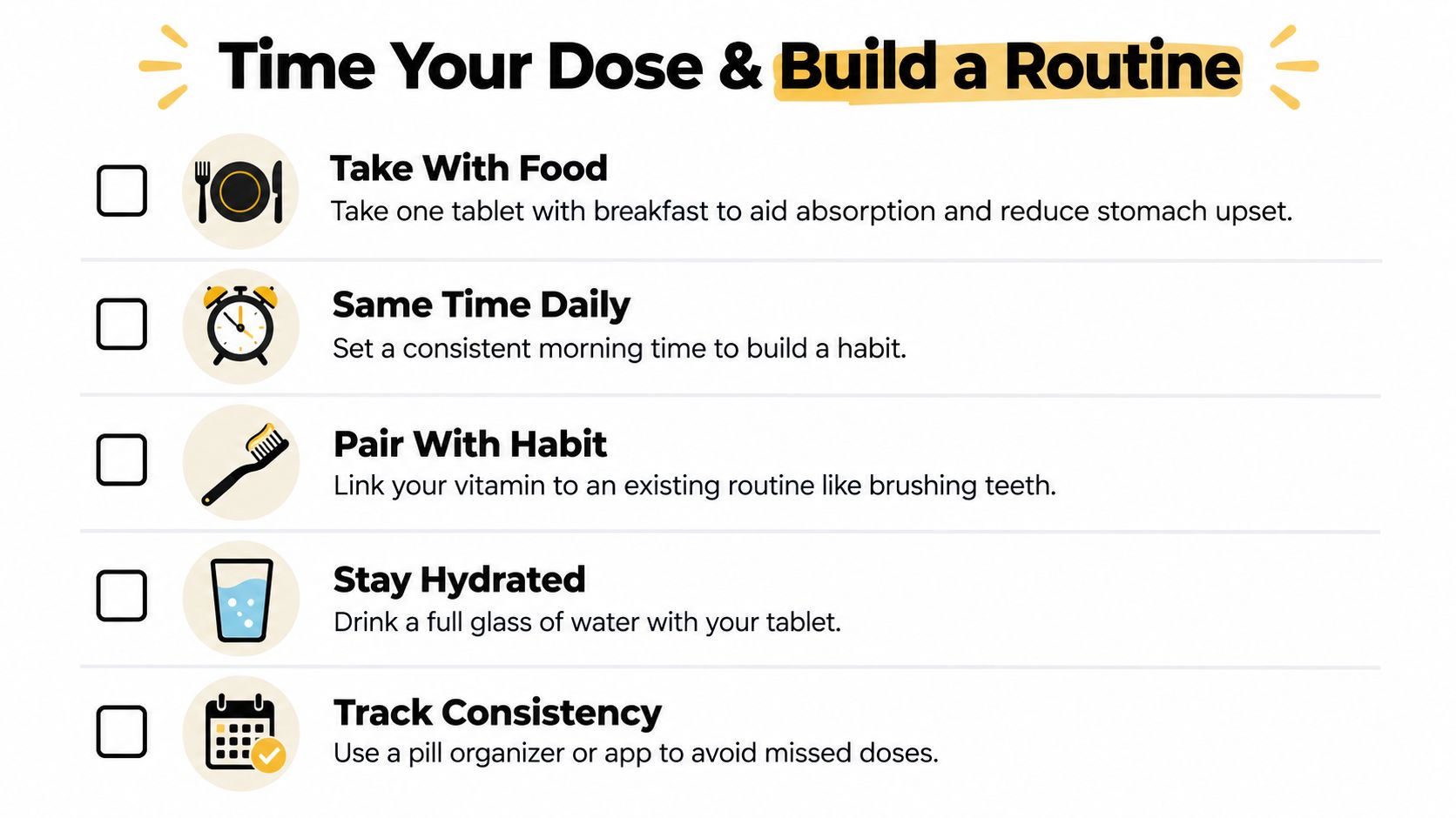 A helpful checklist graphic showing tips for building a consistent daily vitamin and supplement routine.