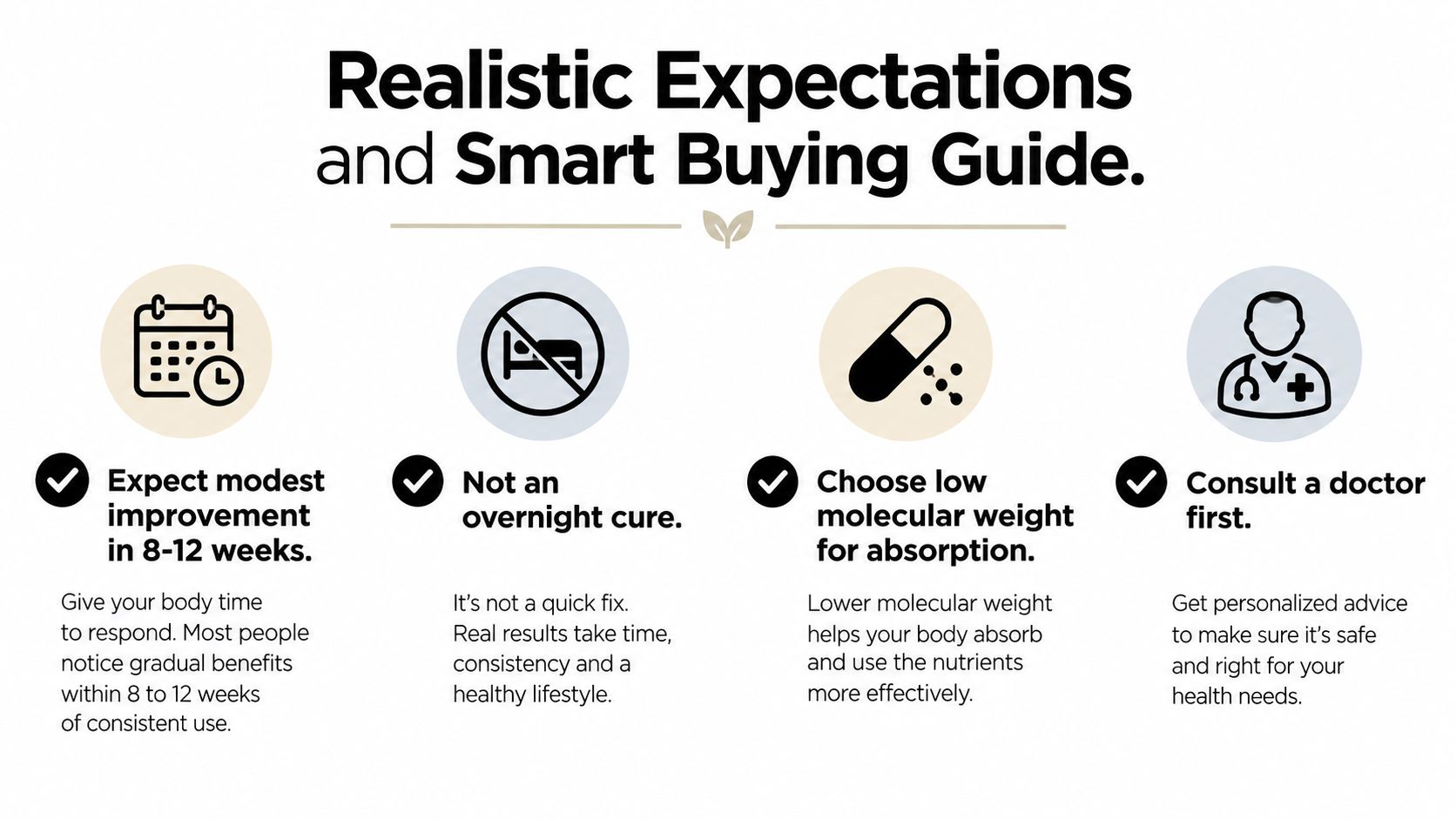 A guide listing four important health tips for setting realistic expectations and choosing supplement formulas wisely.