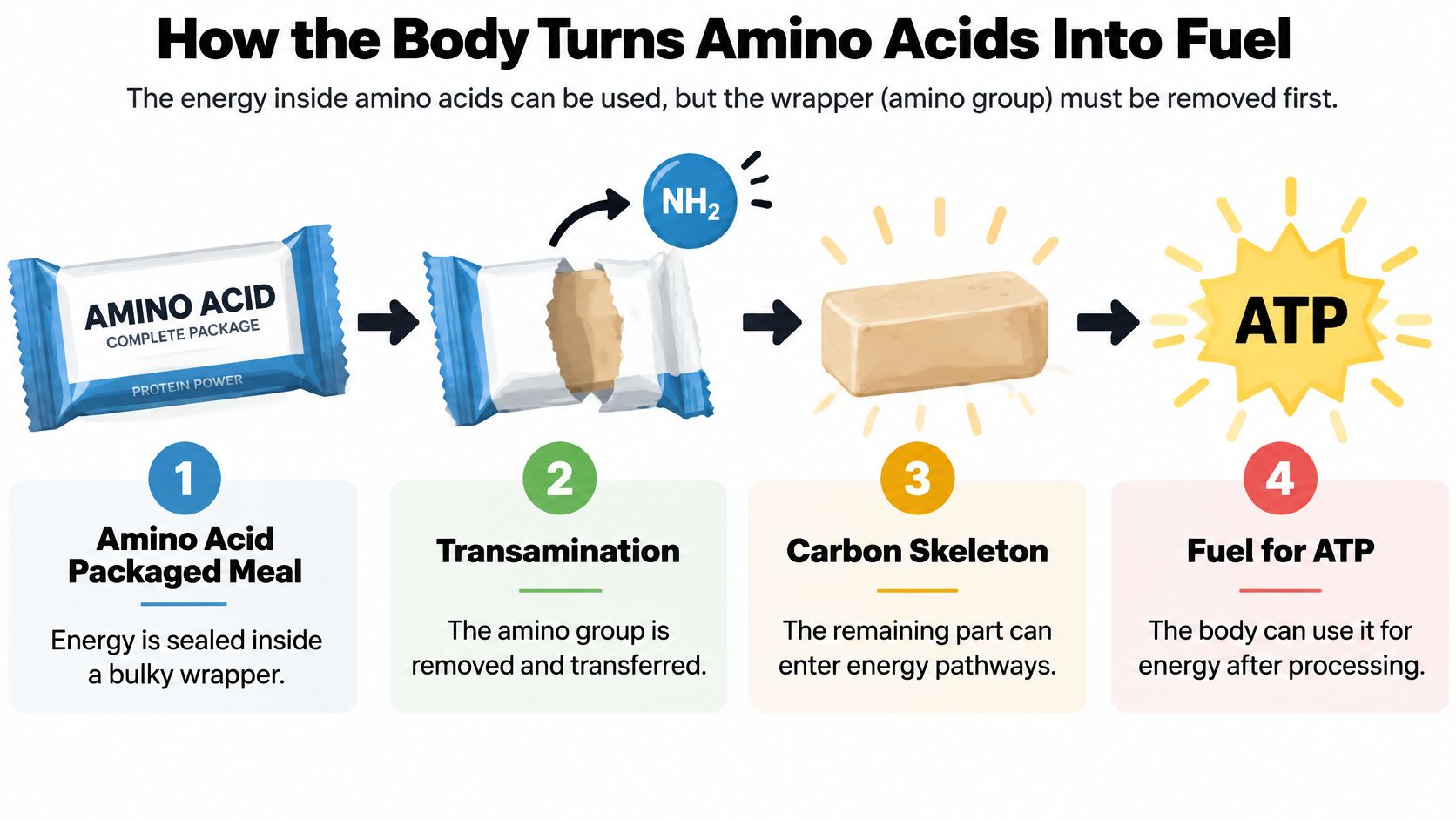 A diagram illustrating how amino acids are processed by the body to produce ATP energy in four steps.