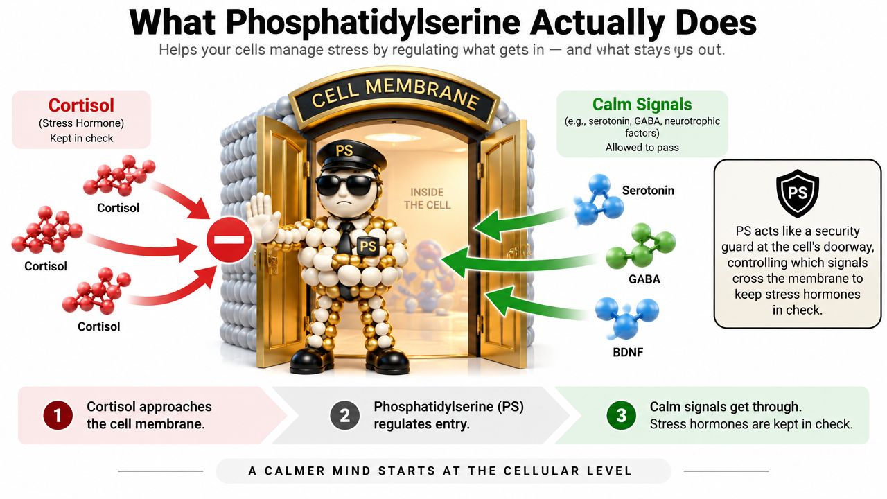 An infographic illustrating Phosphatidylserine as a security guard controlling cortisol entry into a cell membrane.