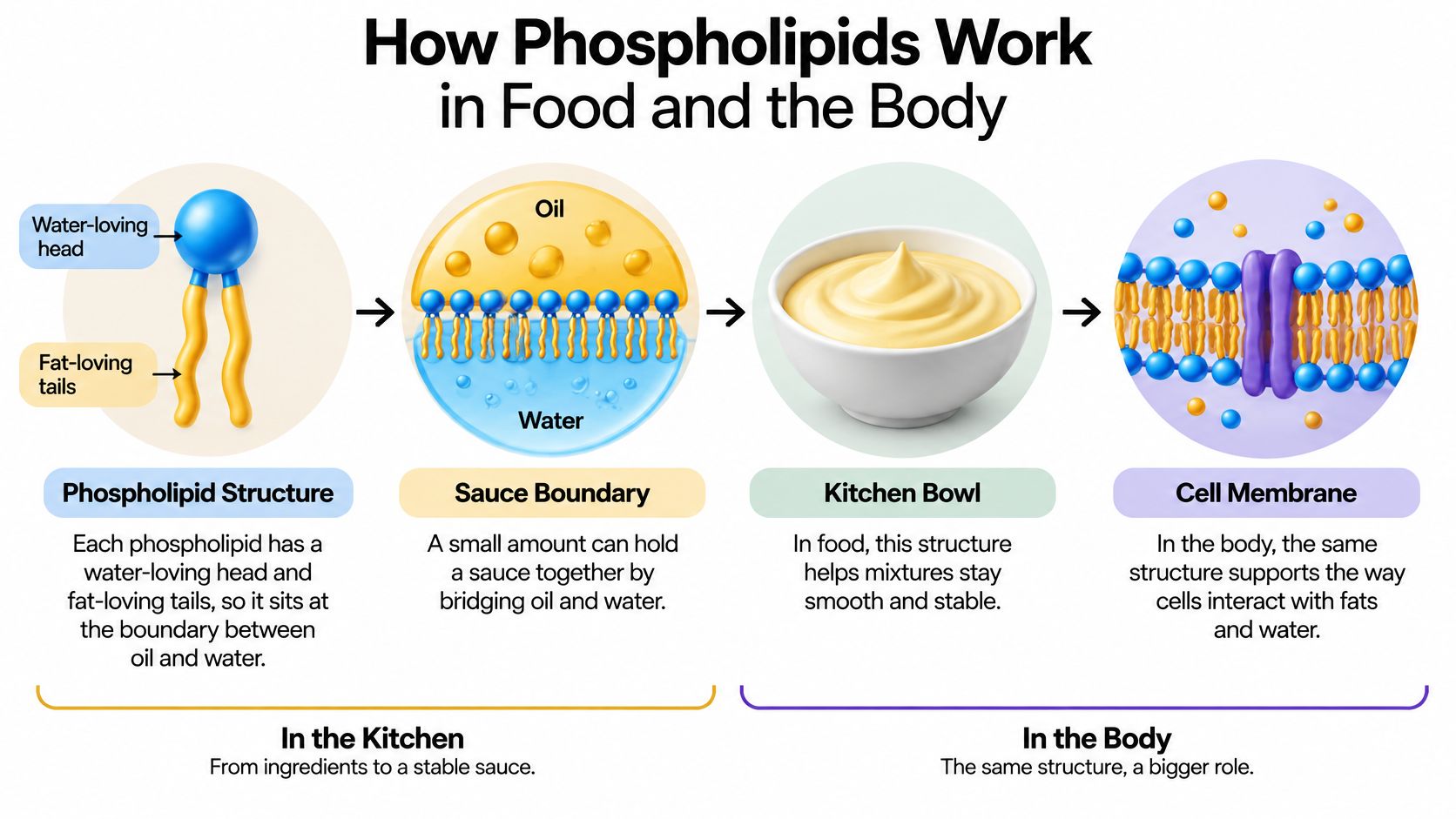 A diagram explaining how phospholipids form stable mixtures in food and support cell membranes in the body.