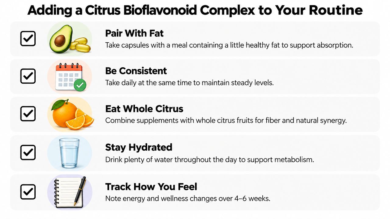 A checklist infographic titled Adding a Citrus Bioflavonoid Complex to Your Routine featuring healthy tips and habits.