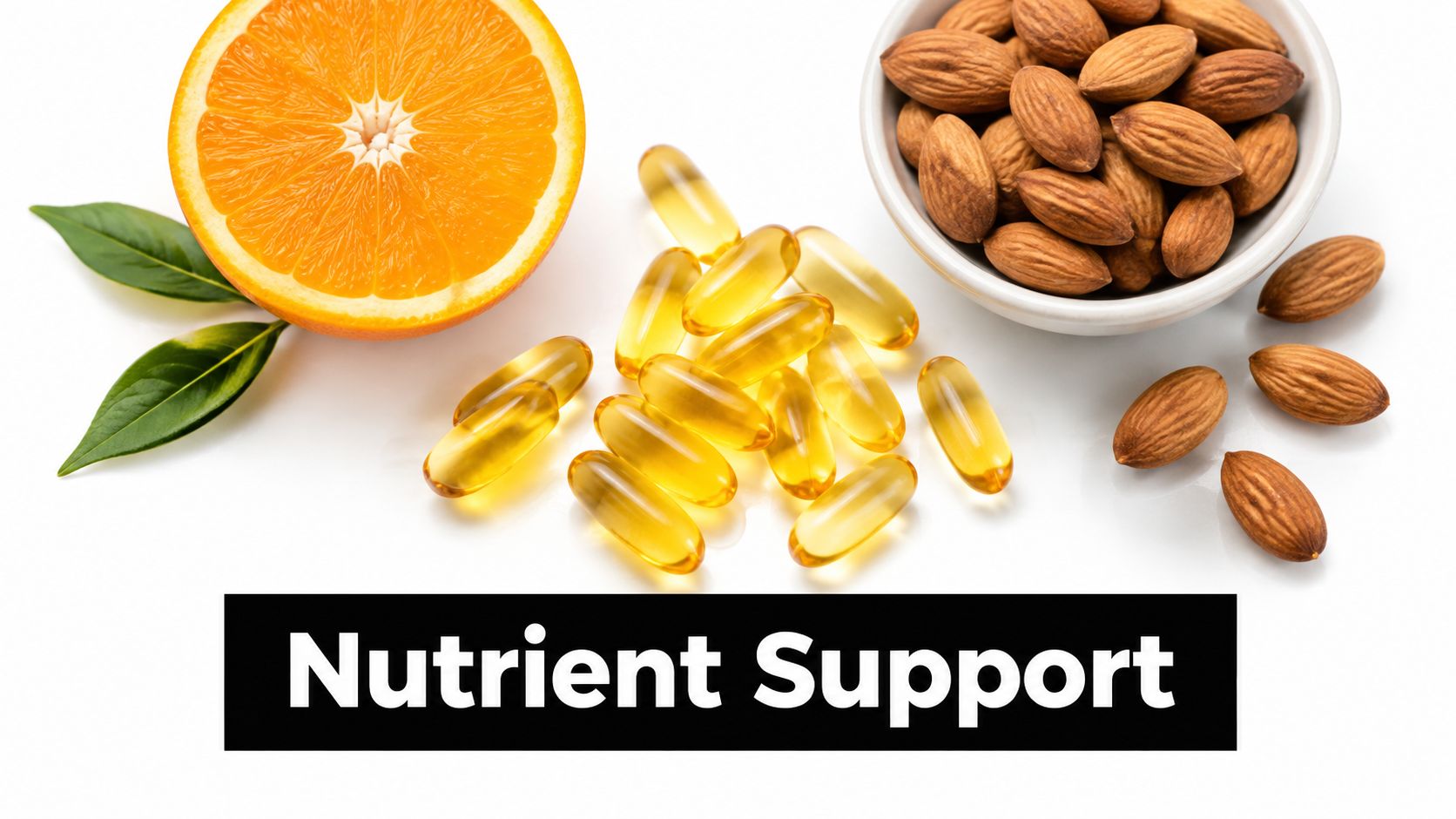 A halved orange, a bowl of almonds, and several yellow supplement capsules on a white surface.