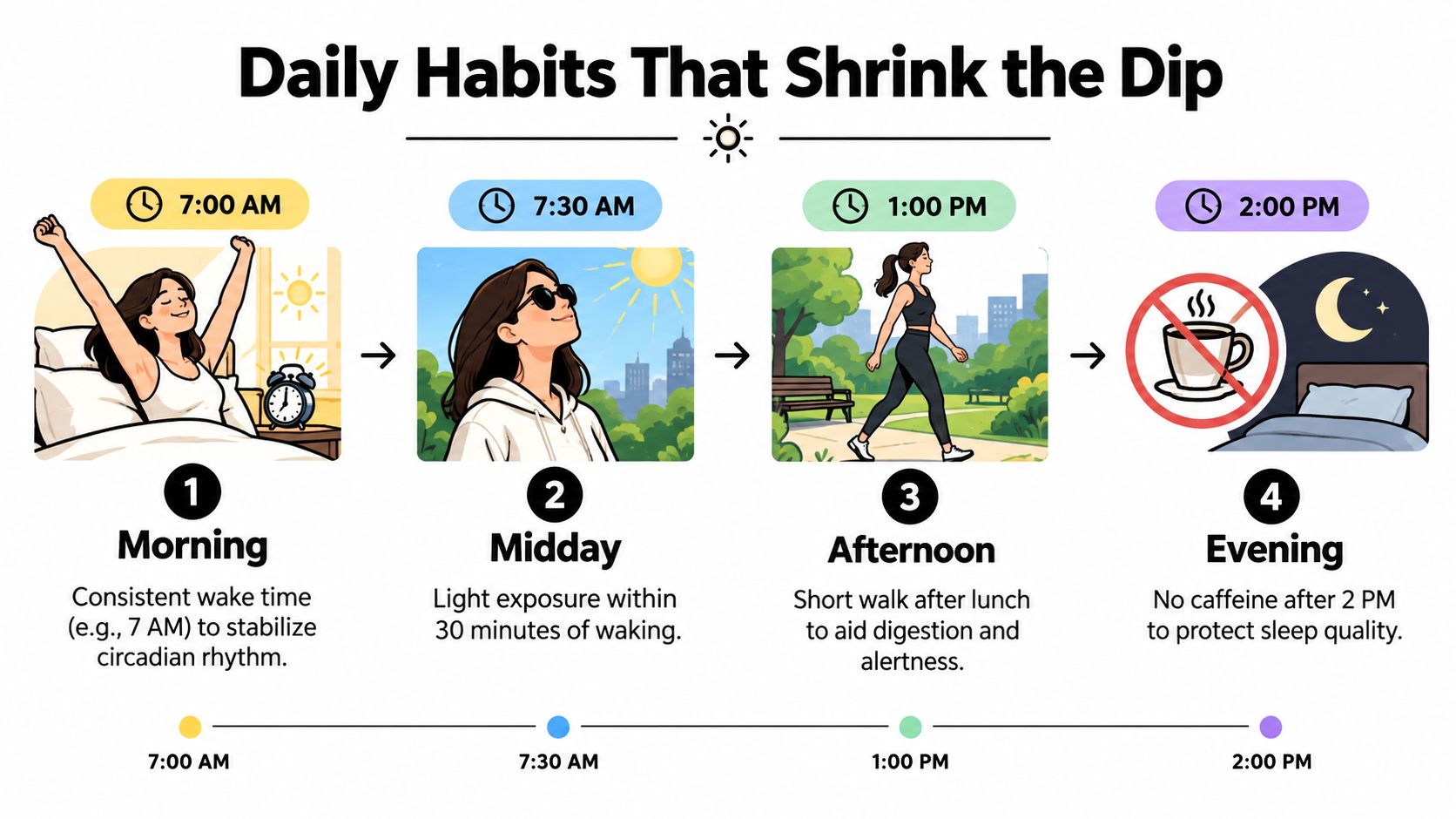 An infographic detailing daily habits like waking up early and light exposure to avoid afternoon energy dips.