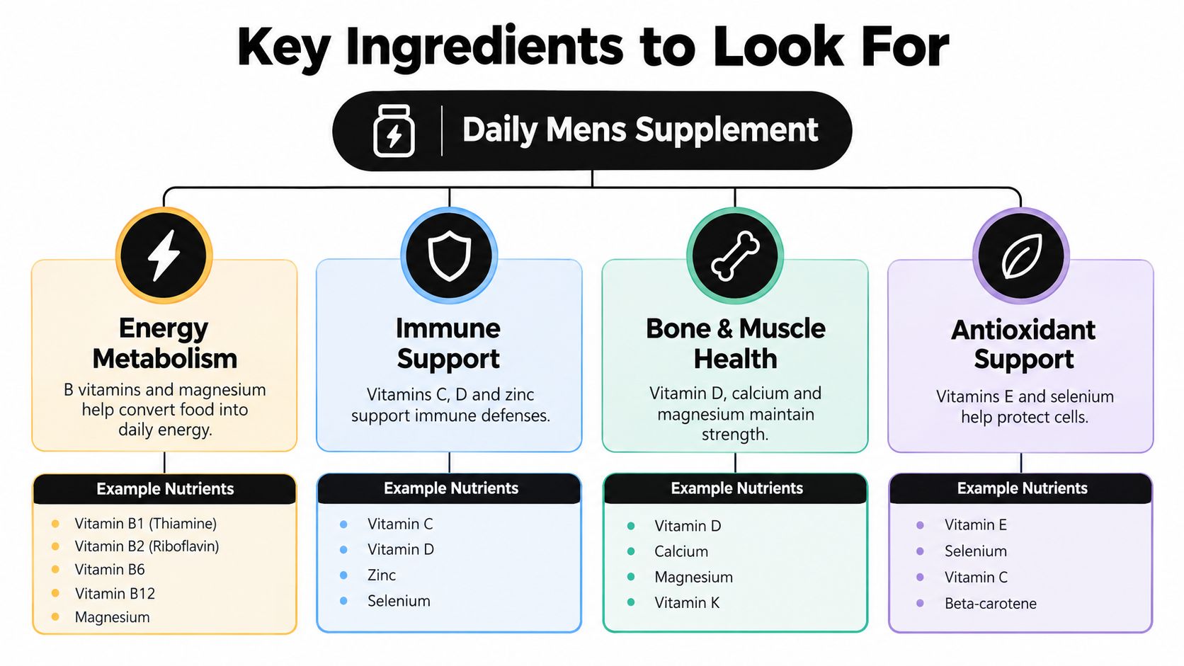 An infographic detailing essential nutrients in a daily men's supplement for health, energy, and immune support.