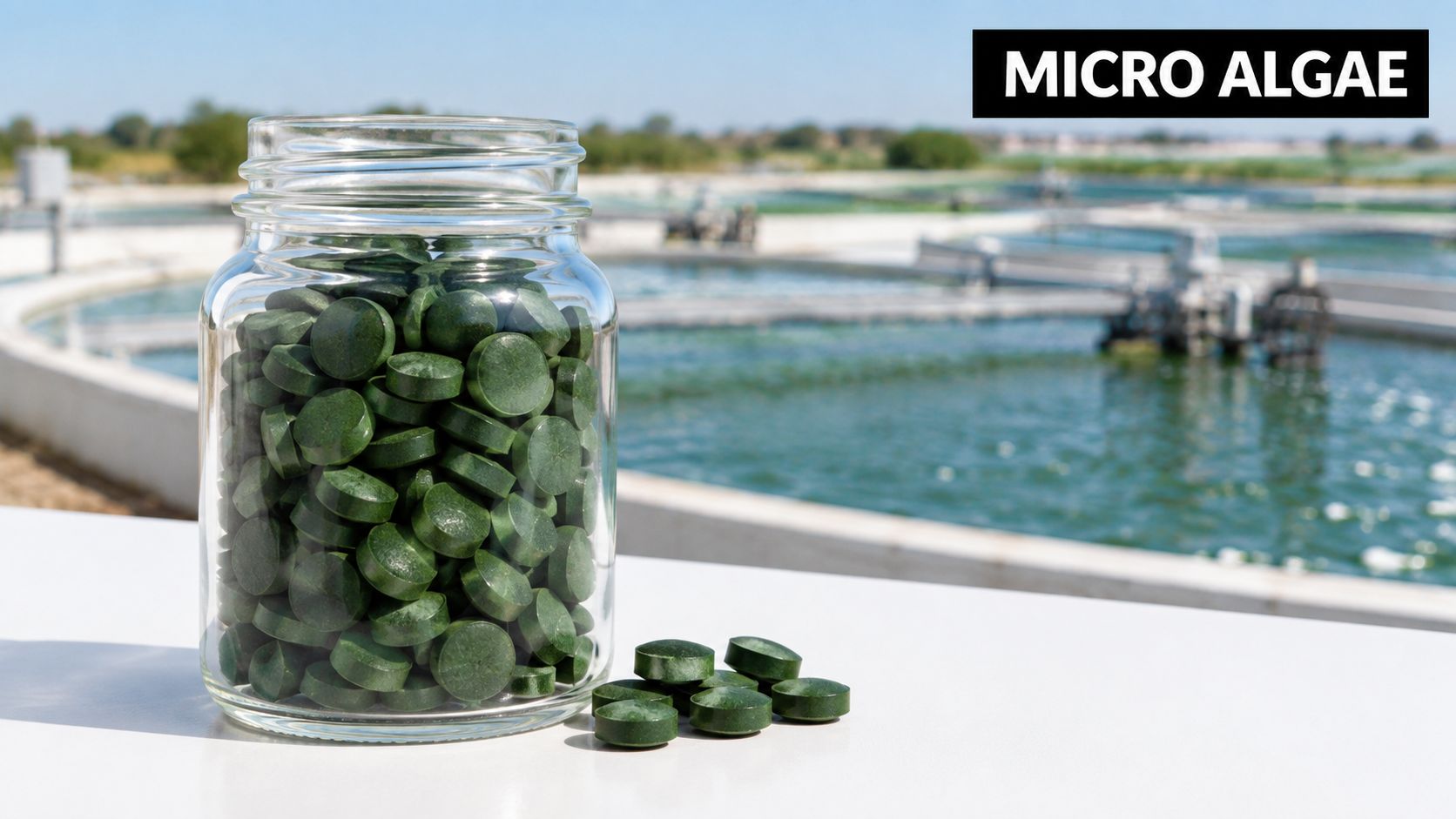 A glass jar filled with organic spirulina tablets placed on a surface overlooking an algae pond.