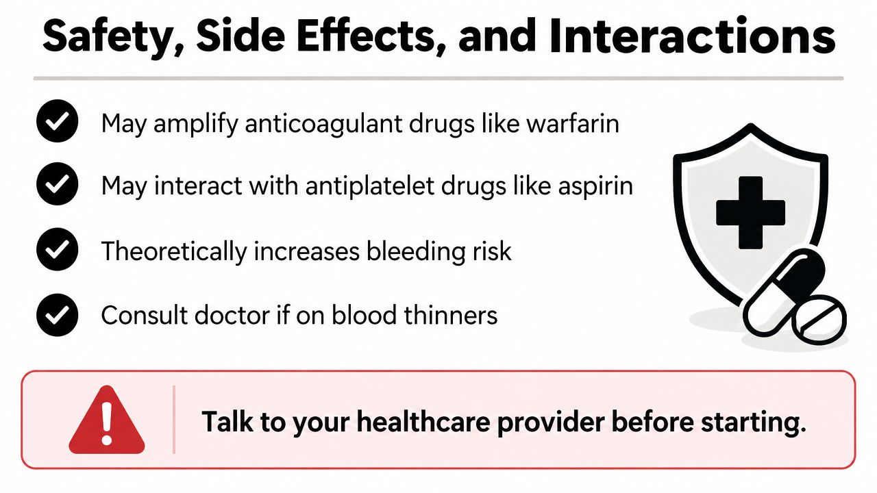 A safety advisory infographic highlighting potential bleeding risks and interactions with anticoagulant and antiplatelet medications.